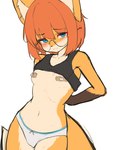 anthro band-aid band-aid_on_nipple bandage bandage_on_nipple black_bra black_clothing black_underwear blue_eyes blush bow_panties bow_underwear bra bra_lift clothing eyewear female fur glasses hair kemono multicolored_body multicolored_fur orange_body orange_fur orange_hair panties simple_background solo sports_bra two_tone_body two_tone_fur underwear white_background white_clothing white_panties white_underwear lilkon yumi_(lilkon) canid canine fox mammal absurd_res hi_res