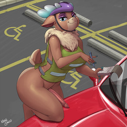anthro armor big_breasts bottomless breasts car cleavage clothed clothing dual_holding erection genitals gynomorph headgear helmet holding_note_pad holding_object holding_pen holding_writing_utensil intersex looking_at_viewer neck_tuft note_pad outside pen penis smile solo tuft vehicle writing_utensil kevinsano them's_fightin'_herds velvet_reindeer_(tfh) deer mammal new_world_deer reindeer 1:1 2016 digital_media_(artwork)