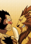 ape banana blush body_hair chest_hair comic darius_(fullmetal_alchemist) digital_media_(artwork) duo felid food fruit fullmetal_alchemist gorilla haplorhine heinkel_(fullmetal_alchemist) human hybrid innuendo lion male male/male mammal pantherine plant primate smile yellow_theme zelo_lee