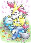 ambiguous_gender anthro blue_body blue_fur blush duo eyes_closed flower fur grass heart_symbol inner_ear_fluff multicolored_body multicolored_fur plant red_eyes simple_background smile tuft fullfolka nintendo pokemon braixen canid canine dewott generation_5_pokemon generation_6_pokemon mammal mustelid pokemon_(species) 2018 graphite_(artwork) hi_res traditional_media_(artwork)