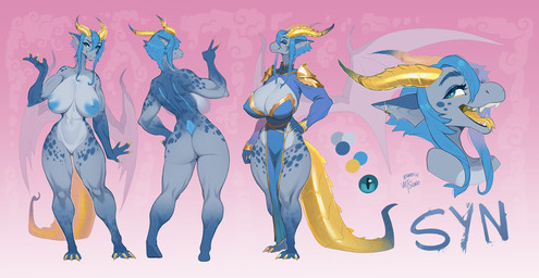 anthro areola big_breasts biped blue_areola blue_body blue_eyes blue_hair blue_nipples blue_scales breasts claws clothed clothed_anthro clothed_female clothing dress eyes_closed female fingers front_view genitals gesture hair hand_gesture horn huge_breasts humanoid_genitalia humanoid_hands humanoid_vulva long_hair long_tail looking_at_viewer markings nipples non-mammal_breasts non-mammal_nipples nude nude_anthro nude_female open_mouth open_smile pink_background pose rear_view scales simple_background skimpy smile solo spiked_tail spikes spikes_(anatomy) spots spotted_markings standing tail text thick_thighs toe_claws tongue v_sign vulva wide_hips yellow_body yellow_scales wetsealky mythology syn_(lanaix) dragon mythological_creature mythological_scalie scalie 2024 artist_name bust_portrait character_name colored full-length_portrait hi_res model_sheet pinup portrait