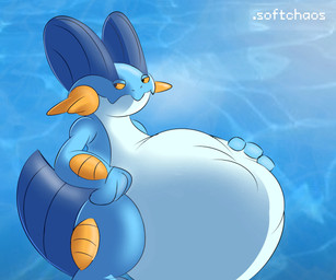 after_vore ambiguous_gender belly belly_rub big_belly blue_arms blue_body blue_legs blue_tail feral feral_pred orange_eyes sea solo tail vore water softchaos nintendo pokemon generation_3_pokemon pokemon_(species) swampert 2026 hi_res watermark