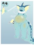 belly belly_inflation big_belly bloated bodily_fluids burping chugging drinking drinking_gasoline drooling gasoline genitals glistening glistening_body inflation liquid_inflation male moobs nipples penis saliva tail text mcerror game_freak nintendo pokemon eeveelution generation_1_pokemon pokemon_(species) vaporeon 2023 3:4 absurd_res english_text hi_res