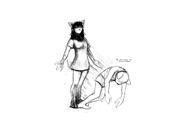 anthro blood bodily_fluids boxers_(clothing) clothed clothing duo falling female male smile text topless topless_anthro topless_male underwear hladilnik carol_(hladilnik) daniel_(hladilnik) canid canine canis domestic_dog mammal spirit wolf 2025 black_and_white comic hi_res monochrome sketch