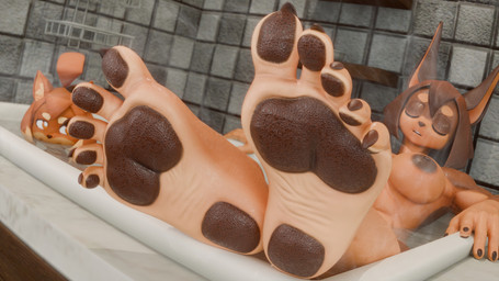 5_fingers 5_toes anthro bath bathtub breasts brown_body brown_fur claws duo eyes_closed feet female fingers foot_fetish foot_focus fur heel_pad humanoid_feet humanoid_hands nude pawpads plantigrade plantigrade_pawpads relaxing soles solo_focus toe_claws toes wrinkled_feet wrinkles chutos dog_knight_rpg maci_(ceehaz) rory_(ceehaz) canid canine canis dobermann domestic_dog mammal pinscher pomeranian spitz 16:9 2026 3d_(artwork) 4k absurd_res digital_media_(artwork) hi_res widescreen