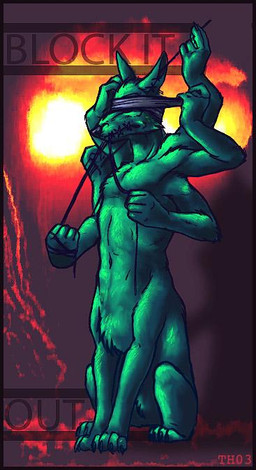 blindfold fur green_body green_fur male multi_arm multi_limb sewn_mouth solo unknown_artist canid canid_taur canine canine_taur mammal mammal_taur taur source_request