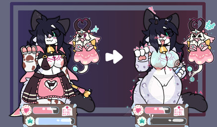 4_fingers accident accidental_exposure ahegao animal_print animal_print_thigh_highs anthro apron areola areola_slip armwear aroused big_breasts big_tail bikini bikini_bottom bikini_top biped blush blush_lines bodily_fluids bottomwear bow_ribbon breast_milking breast_tattoo breasts camel_toe cape cleavage clothed clothed_to_nude clothing cow_print cow_print_armwear cow_print_thigh_highs cowbell crown dark_hair dipstick_tail disappearing_clothing dress duo embarrassed eyebrow_through_hair eyebrows female fingers fur gameplay_mechanics genitals green_eyes hair headgear heart_cutout heart_symbol holding_object horn ineffective_clothing kemono lactating laugh legwear looking_pleasured magic magic_user magical_girl_outfit magical_mishap magical_tattoo markings mascot multicolored_body nervous nipples nude open_mouth pattern_clothing pattern_legwear pattern_thigh_highs pawpads pink_body pink_fur purple_body purple_fur scene_haircut simple_background skirt sparkles species_transformation spots spotted_markings star_symbol stats sweat sweatdrop swimwear tail tail_markings tail_orb tattoo thick_thighs thigh_highs tiara transformation translucent translucent_hair two-piece_swimsuit undressed vulva wand wardrobe_malfunction white_body white_fur wide_hips lynxafterd4rk bovid bovine cattle familiar felid mammal pantherine snow_leopard hi_res trans_(lore) trans_woman_(lore)