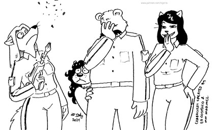 anthro breasts clothed clothed_anthro clothed_female clothing female fur group gun hair handgun male pistol ranged_weapon tail weapon tegerio ooo-er tali_(marmelmm) wolf_queen_(eocostello) bear canid canine canis domestic_cat felid feline felis mammal mustelid otter wolf 2024 black_and_white character_request monochrome