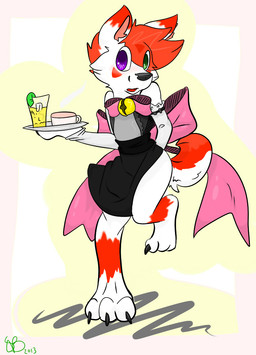 anthro bell beverage blush bottomwear clothed clothing container crossdressing cup femboy food green_eyes hair heterochromia lingerie looking_at_viewer maid_uniform male multicolored_hair open_mouth purple_eyes red_hair ribbons simple_background skirt solo tail tongue uniform backsash sash_(backsash) canid canine canis domestic_dog mammal 2013