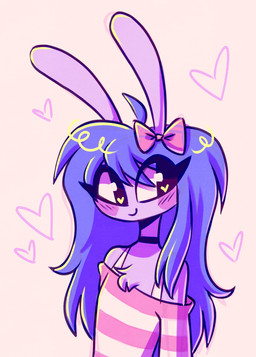 accessory ahoge anthro big_ears big_eyes black_choker black_jewelry black_necklace blush bow_ribbon chest_tuft choker female fur hair hair_accessory hair_bow hair_ribbon heart_eyes heart_pupils heart_symbol jewelry long_hair necklace off-shoulder_top pink_background purple_body purple_fur purple_hair ribbons simple_background smile solo tuft ashley_nichols glitch_productions the_amazing_digital_circus gooseworx's_post-transition_jax_design jax_(tadc) lagomorph leporid mammal rabbit 2026 absurd_res digital_drawing_(artwork) digital_media_(artwork) english_description hi_res trans_(lore) trans_woman_(lore)