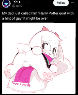 2_horns 3_toes 4_fingers anthro anus backsack balls black_border black_text blush blush_lines border butt clothing eyewear feet fingers floppy_ears fur genitals glasses grey_text hand_on_butt horn looking_back lying male on_front on_pillow open_mouth pawpads paws pillow pink_horn pink_pawpads pink_scarf presenting presenting_hindquarters round_glasses scarf shirt short_tail simple_background social_media solo tail text toes topwear tunic tweet wearing_glasses white_background white_body white_fur white_text pawfless deltarune twitter undertale_(series) kris_dreemurr ralsei bovid caprine goat mammal 2025 english_text meme