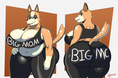 animal_ears anthro areola big_breasts big_butt biped black_clothing bottomwear bra breasts butt clothed clothing female fingers fur huge_butt looking_at_viewer looking_back mature_female midriff orange_body overweight overweight_female pants pupils simple_background smile solo sports_bra tail text text_on_clothing thick_thighs three-quarter_view tight_bottomwear tight_clothing tight_pants underwear yoga_pants cherryfox73 bluey_(series) chilli_heeler australian_cattle_dog canid canine canis cattledog domestic_dog herding_dog mammal pastoral_dog hi_res
