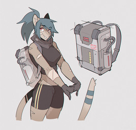 anthro athletic athletic_anthro athletic_female athletic_wear backpack band-aid bandage blue_hair bottomwear bra clothed clothing cracking_knuckles female fingers fur gloves hair handwear kerchief markings neckerchief neckwear pink_eyes ponytail shorts simple_background smile solo spandex spandex_shorts sports_bra standing striped_markings striped_tail stripes tail tail_markings tight_bottomwear tight_clothing tight_shorts tomboy topwear underwear white_background notglacier kei_(notglacier) domestic_cat felid feline felis mammal digital_drawing_(artwork) digital_media_(artwork) hi_res
