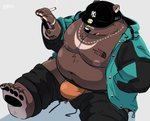 anthro belly bottomwear brown_body brown_fur bulge cigarette clothing fur hat headgear headwear kemono male moobs nipples overweight overweight_anthro overweight_male pants simple_background sitting smoking solo underwear uokkom bear mammal 2021 hi_res