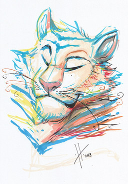 ambiguous_gender anthro blue_stripes front_view fur green_eyes mouth_closed narrowed_eyes pink_nose red_stripes simple_background solo stripes whiskers white_background white_body white_fur yellow_stripes hufnaar felid mammal pantherine tiger 2019 absurd_res dated headshot_portrait hi_res portrait