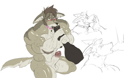 age_difference anthro balls barazoku blush bodily_fluids collar duo erection feet foot_fetish foot_in_mouth foot_lick foot_play foot_suck genitals humanoid_genitalia humanoid_penis licking male male/male nipples older_anthro older_male penis saliva slave sucking sweat tongue tongue_out pinumontbalou echo_(series) echo_project the_smoke_room william_adler canid canine canis coyote mammal
