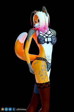 anthro belly blonde_hair bra breasts butt clothing dipstick_tail female fur gloves_(marking) grey_body grey_ears grey_fur grey_markings grey_nose hair lace legwear markings mature_anthro multicolored_hair multicolored_tail orange_tail panties pink_hair solo stockings tail tail_markings two_tone_hair underwear white_belly white_chest white_tail alkhimow megan_(akhimow) canid canine fox mammal 3d_(artwork) digital_media_(artwork) hi_res shaded soft_shading