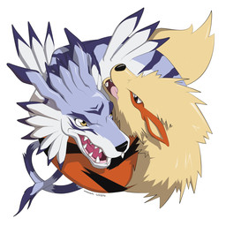 ambiguous_feral ambiguous_gender black_markings black_nose blue_body blue_fur blue_markings brown_eyes duo eye_contact facial_markings feral fur fur_markings gums head_markings light looking_at_another markings multicolored_body multicolored_fur open_mouth orange_body orange_fur pink_gums pink_tongue sharp_teeth simple_background tan_body tan_fur tan_inner_ear teeth text tongue white_background white_body white_fur yellow_eyes wakosaki bandai_namco digimon nintendo pokemon arcanine digimon_(species) garurumon generation_1_pokemon pokemon_(species) 1:1 2016 artist_name colored crossover dated digital_drawing_(artwork) digital_media_(artwork) english_description hi_res lighting shaded