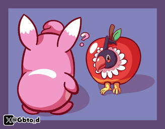 ambiguous_gender anthro apple avian_feet black_body clothing duo feral food fruit pink_body plant simple_background suit goombato_dibujos nintendo pokemon pokemon_mystery_dungeon spike_chunsoft chatot_(eotds) guildmaster_wigglytuff avian bird chatot generation_1_pokemon generation_4_pokemon pokemon_(species) shiny_pokemon wigglytuff absurd_res hi_res