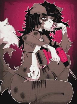anthro bent_arm bent_leg bikini black_bikini black_clothing black_collar black_hair black_swimwear blood bodily_fluids bracelet bruised bruised_arm bruised_butt bruised_eye butt clothing collar drill ear_piercing facial_piercing female gradient_background hair hand_on_face holding_drill holding_object jewelry medium_hair messy_hair multicolored_body nose_piercing nosebleed piercing red_background self-harm simple_background sitting solo sweat sweatdrop swimwear tongue tongue_out two-piece_swimsuit two_tone_body two_tone_tail wounded midizuid canid canine mammal dithering monochrome restricted_palette