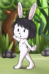 anthro black_hair female flat_chested fur hair hand_on_head nipples nude solo tiptoes turning white_body white_fur young young_anthro kcn elinor_wonders_why pbs elinor_rabbit lagomorph leporid mammal rabbit hi_res