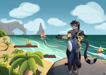 amazed anthro beach black_body black_fur boat braided_hair braided_ponytail brown_eyes cape clothed clothing duo fluffy fluffy_tail fur green_eyes grey_body grey_fur hair leopard_spots male markings open_mouth outside palm_tree plant ponytail sand scenario sea seaside sky spots tail tree vehicle water watercraft yellow_body yellow_fur nohum iagu_viron felid feline felis jaguar mammal pantherine absurd_res digital_media_(artwork) hi_res