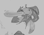 anthro balloon biped claws clothing finger_claws fool's_hat hat headgear headwear inflatable jester solo raptoral raptoral_(character) sergal 2024 digital_media_(artwork) greyscale monochrome sketch