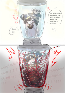 appliance barefoot begging blender_(machine) blood blood_splatter blush bodily_fluids child_murder crying death disembowelment dismemberment featureless_chest featureless_crotch feet female feral forced gore guts hindpaw imminent_death innocence innocent_expression kemono kitchen_appliance micro mutilation organs pain paws sadism screaming snuff speech_bubble tears text young gorebunny flying_squirrel mammal rodent sciurid absurd_res english_text hi_res