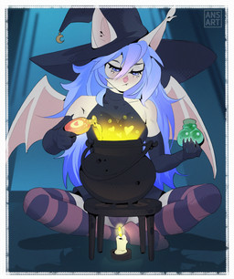 anthro armwear blue_eyes breasts clothing costume dress fangs female hair halloween_costume hat headgear headwear holidays inner_ear_fluff legwear panties panty_shot pattern_clothing pattern_legwear pattern_stockings pink_nose short_dress sitting smile solo stockings striped_clothing striped_legwear striped_stockings stripes teeth tight_clothing tuft underwear white_body wings witch_costume witch_hat ansart halloween prism_(prsmrti) bat mammal hi_res