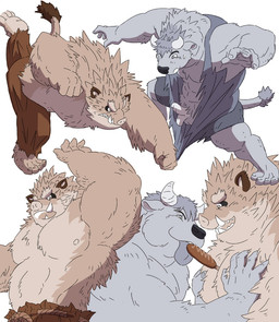 anthro balls barazoku belly bottomwear clothing duo genitals humanoid_hands kemono male nipples overweight overweight_male pants penis shirt simple_background topwear white_background gadoran bovid bovine cattle mammal suid suine sus_(pig) wild_boar 2015