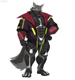 anthro blue_sclera bodysuit clothed clothed_anthro clothed_male clothing fluffy fluffy_tail fur grey_body grey_fur jacket male mask multicolored_bodysuit multicolored_clothing multicolored_skinsuit muscular muscular_anthro muscular_male skinsuit solo standing tail tight_clothing topwear wearing_mask cxcxxcxxxx canid canine canis mammal wolf 2026 absurd_res hi_res