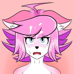 ahoge anthro bodily_fluids crying cum cum_in_hair cum_on_face ears_down female fur genital_fluids hair highlights_(coloring) inner_ear_fluff looking_up open_mouth pink_body pink_ears pink_fur pink_hair pivoted_ears purple_hair purple_highlights solo tears tuft white_body white_fur white_inner_ear_fluff ashley_starflare_(sonadourge) felid feline humanoid mammal 1:1