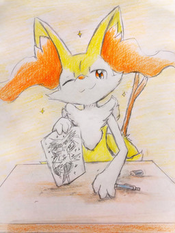 :3 ambiguous_anthro ambiguous_gender anthro biped drawing_(object) eraser front_view furniture holding_object holding_paper inside looking_at_viewer object_in_tail one_eye_closed paper pencil_(object) simple_background smug snout solo sparkles stick stick_in_tail table tail wink winking_at_viewer eiroru nintendo pokemon braixen canid generation_6_pokemon mammal pokemon_(species) 2018 3:4 colored_pencil_(artwork) graphite_(artwork) hi_res japanese_description traditional_media_(artwork) translated_description