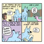 1:1 ac_stuart ambiguous_gender animal_noises anthro asking asking_another asking_what asking_why awoo awoo_(ac_stuart) base_two_layout blue_body border brown_hair canid canine canis comic dialogue dual_holding duo english_text envelope eyebrows eyes_closed fangs featureless_chest feral four_frame_grid four_frame_image fur grid_layout hair hi_res holding_envelope holding_object holding_paper howl human jeremy_(slothwolf) male male_(lore) mammal noob_the_loser nude onomatopoeia open_mouth paper pink_body pink_fur pink_wolf_(ac_stuart) question regular_grid_layout sound_effects speech_bubble store_clerk talking_to_another teeth text two_row_layout white_border wolf