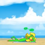 anthro beach bikini blonde_hair blowdart breasts clothing dart dialogue female green_body green_eyes hair multicolored_body open_mouth sand seaside solo speech_bubble swimwear text two-piece_swimsuit water yellow_body lazygartuz rocio_(lazygartuz) scalie unknown_species 1:1 hi_res