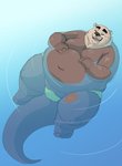 2020 anthro bathing belly brown_body captainjusticevirtsuoso clothing eyes_closed hi_res humanoid_hands justicecaptainv male mammal moobs mustelid navel otter overweight overweight_anthro overweight_male solo swimwear water