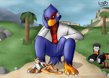 anthro bottomless claws clothed clothing dominant duo feet genitals macro male masturbation micro nude paws penile penile_masturbation penis shrinking size_difference size_transformation soles star transformation icarozilla nintendo star_fox falco_lombardi fox_mccloud avian bird canid canine falcon falconid fox mammal