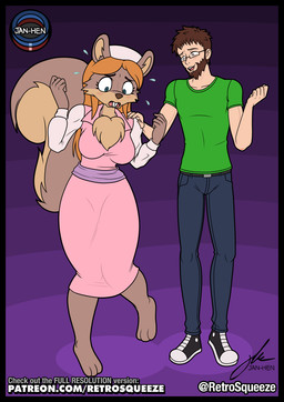 3_toes anthro barefoot beard big_breasts big_ears blush body_swap bottomwear breasts brown_body brown_fur brown_hair buckteeth chest_tuft clothed clothing dress duo eyelashes eyewear facial_hair feet female footwear fur glasses hair hat headgear headwear long_eyelashes long_hair male nurse_clothing nurse_headwear nurse_uniform orange_hair pants pose scared shirt shocked shoes simple_background smile tail teeth text toes topwear tuft uniform username retrosqueeze human mammal rodent sciurid tree_squirrel 2024 digital_media_(artwork) hi_res signature url