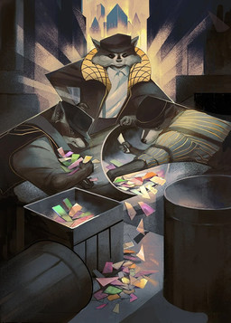anthro box building city clothing container crate group hand_on_hip hat headgear headwear holding_object jacket looking_at_viewer male shirt smile topwear trash_can julie_dillon hasbro magic:_the_gathering wizards_of_the_coast mammal procyonid raccoon official_art
