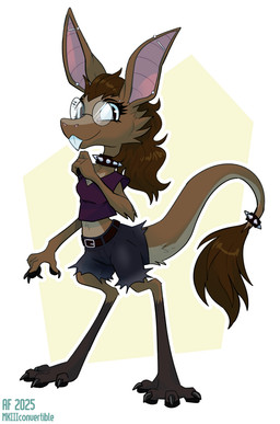 accessory anthro barefoot belt bottomwear breasts brown_body brown_fur brown_hair cheek_tuft claws clothed clothed_anthro clothed_female clothing collar ear_piercing eyewear facial_tuft feet female fingerpads fur furgonomics glasses hair industrial_piercing looking_at_viewer midriff multicolored_body multicolored_fur pawpads piercing pupils round_glasses shirt shorts simple_background slit_pupils smile solo spiked_collar spiked_tail_ring spikes standing tail tail_accessory teeth toe_claws topwear tuft two_tone_body two_tone_fur mkiiiconvertible out-of-placers mammal yinglet 2025 absurd_res digital_media_(artwork) hi_res