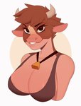 anthro anthrofied breasts clothing cowbell eyelashes female horn looking_at_viewer smile solo luryry disney home_on_the_range maggie_(disney) bovid bovine cattle hereford_cattle mammal 2020 bust_portrait digital_media_(artwork) hi_res portrait