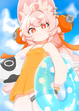 ahoge anthro braided_pigtails breasts clothed clothed_anthro clothed_female clothing cloud dress ear_piercing ear_ring female fully_clothed fully_clothed_anthro fully_clothed_female fur hair inflatable inner_ear_fluff inner_tube piercing pink_body pink_fur pink_hair red_eyes ring_piercing sky small_breasts solo tuft young young_anthro young_female yanaginuntaro mihoyo zenless_zone_zero zhao_(zenless_zone_zero) lagomorph leporid mammal rabbit thiren absurd_res hi_res adult_(lore)