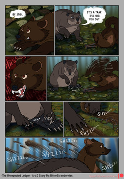 bound brown_body brown_fur chain chained day dialogue digging forest forest_background fur grey_body grey_fur hissing leaves_on_ground male nature nature_background outside plant trapped tree bitterstrawberries echo_(bitterstrawberries) husq_(bitterstrawberries) beaver fisher_(animal) gulonine mammal mustelid musteline rodent comic digital_media_(artwork) hi_res