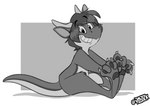 ambiguous_gender anthro biped claws eyebrows fingers fingers_between_toes hair horn looking_at_viewer pawpads paws simple_background sitting smile solo tail tapering_tail teeth toony mythology dragoshi dragon mythological_creature mythological_scalie scalie absurd_res artist_name digital_media_(artwork) greyscale hi_res monochrome