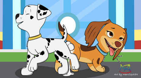 ass_to_ass balls bodily_fluids collar cum cum_drip cum_inside dripping duo female feral fur genital_fluids genitals knot knotting male male/female markings spots spotted_body spotted_fur tongue tongue_out young young_feral marvispot84 nickelodeon paw_patrol liberty_(paw_patrol) marshall_(paw_patrol) canid canine canis dachshund dalmatian domestic_dog hunting_dog mammal absurd_res hi_res