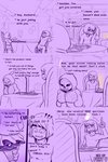 2:3 alternate_universe blush bodily_fluids bone bottomwear bulge clothed clothing comic comic_(under(her)tail) english_text female frisk_(undertale) fully_clothed furniture glowing glowing_eyes hi_res hoodie human humanoid male mammal profanity sans_(undertale) sitting skeleton skirt sweat table text thewill topwear under(her)tail undertale undertale_(series)