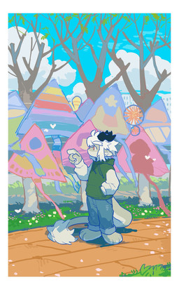 anthro blue_bottomwear blue_clothing bottomwear clothing fur green_body green_clothing green_topwear hair horn male plant red_eyes solo topwear tree white_body white_fur white_hair milkybot mythology jiachen_(milkybot) dragon mythological_creature mythological_scalie scalie hi_res