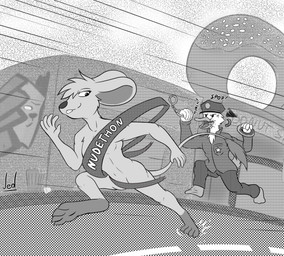 angry anthro bandage building clothed clothed/nude clothing confident convenient_censorship dessert doughnut duo exhibitionism feet female food fur long_tail male nude nudist open_mouth outdoor_nudity outside pastry police police_uniform public public_nudity road running simple_background smile store streaking tail uniform jedader anatid anseriform avian bird dipodomyine duck heteromyid kangaroo_mouse mammal mouse murid murine rodent digital_media_(artwork) hi_res