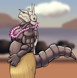 anthro beach belly biceps big_muscles biped blush clothed clothing dancing erect_nipples eyebrows eyes_closed grass_skirt grey_body grey_scales hawaiian lei luau male musclegut muscular muscular_male navel nipples pupils sand scales sea shoreline side_view solo spikes spikes_(anatomy) tail topless topless_anthro topless_male triceps ventral_scales water hunter-husky nintendo pokemon curtis_sara_taylor aggron generation_3_pokemon pokemon_(species) scalie hi_res portrait three-quarter_portrait