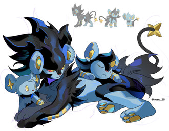 black_body black_fur blue_body feral fur group male mane sleeping tail trio yellow_eyes romu_38 nintendo pokemon felid generation_4_pokemon luxio luxray mammal pokemon_(species) shinx hi_res
